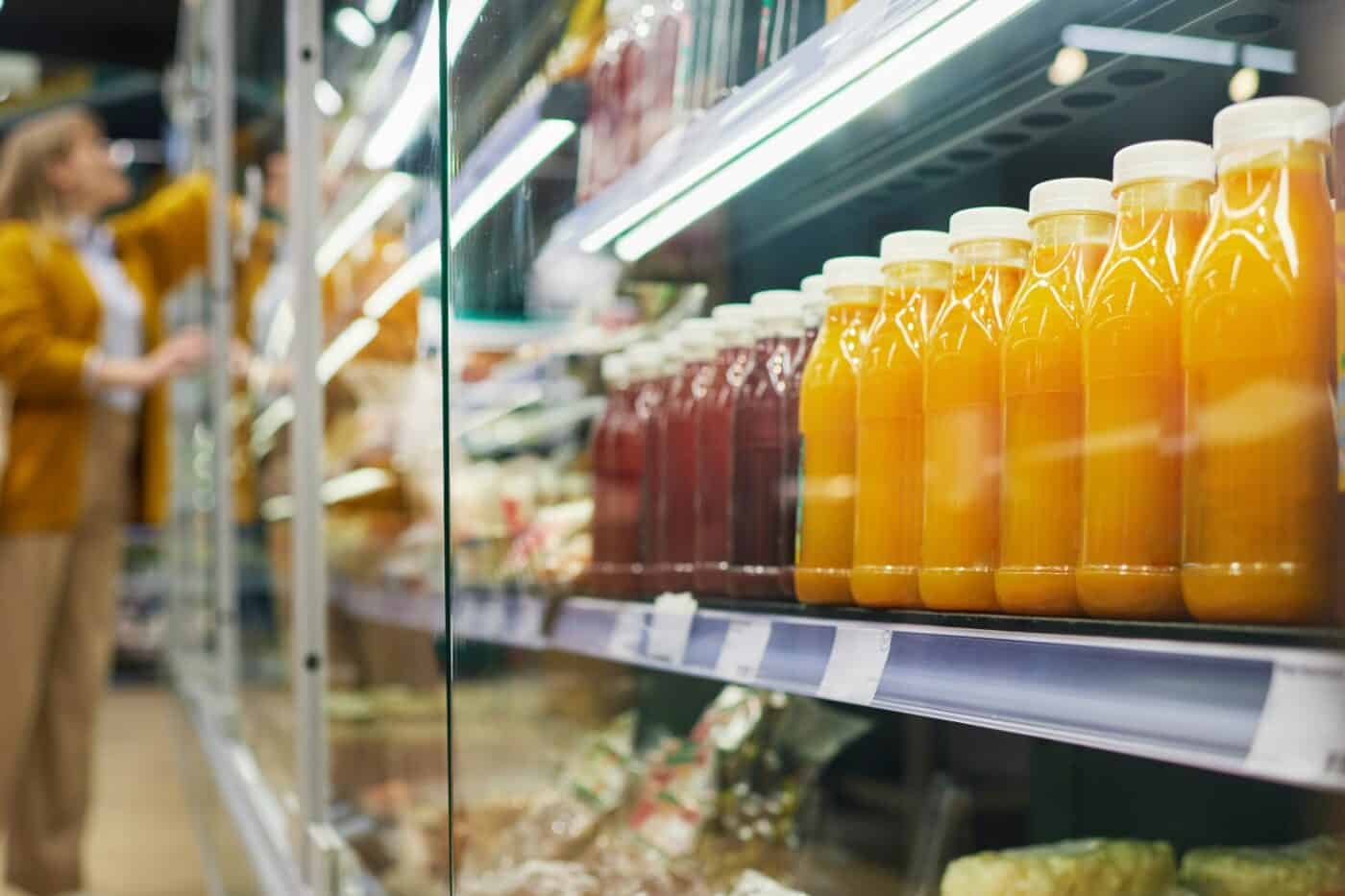 Plastic juice containers in a grocery store refrigerator